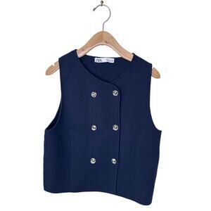 ZARA Navy Blue Ribbed  Hammered Silver Buttons Sweater Vest 5536/113/401